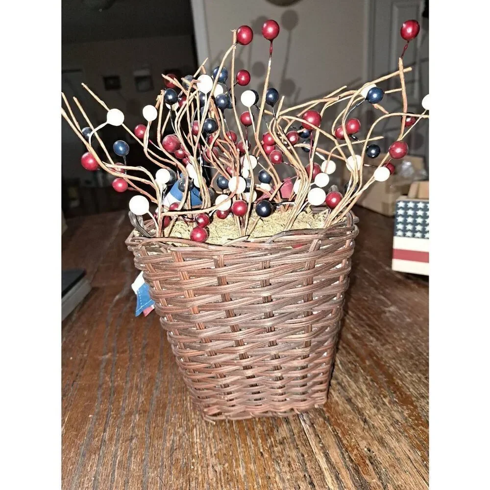 Vintage Handmade Patriotic Hanging Basket Ribbons Beads Flowers Farmhouse Rustic